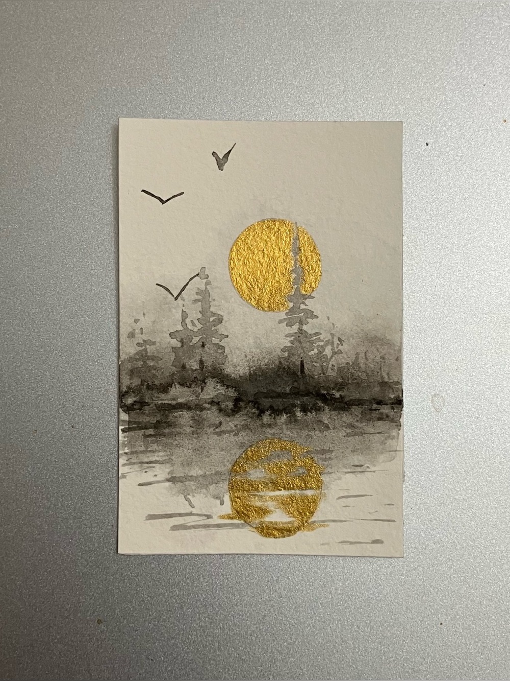 Original sunset landscape miniature realism painting sumi-e style art USA